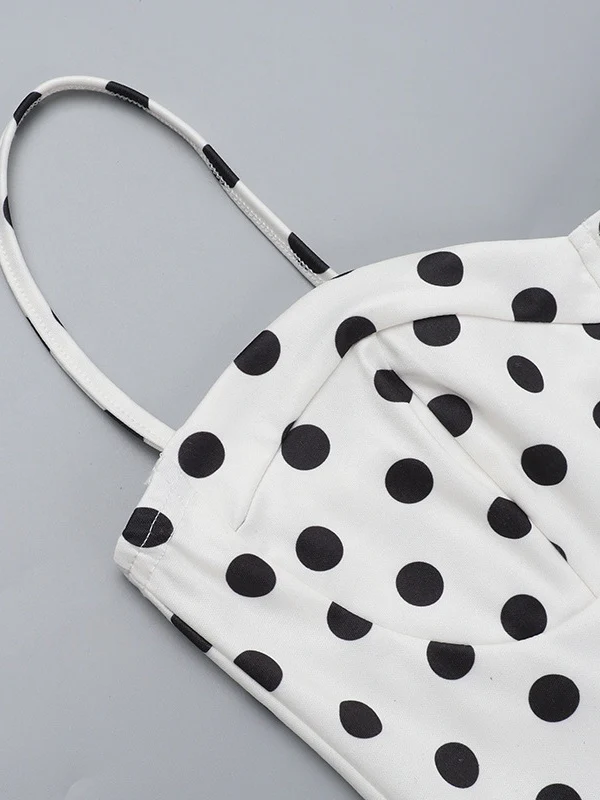 Polka Dot Fitted Ruched Skirt Midi Dress - Image 8