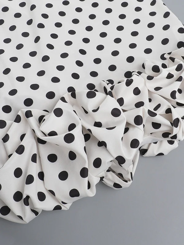Polka Dot Fitted Ruched Skirt Midi Dress - Image 9