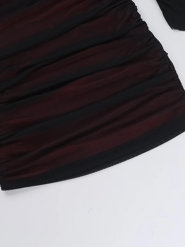 Fitted Mesh Long-Sleeved Bodycon Deep Red Short Dress - Image 4