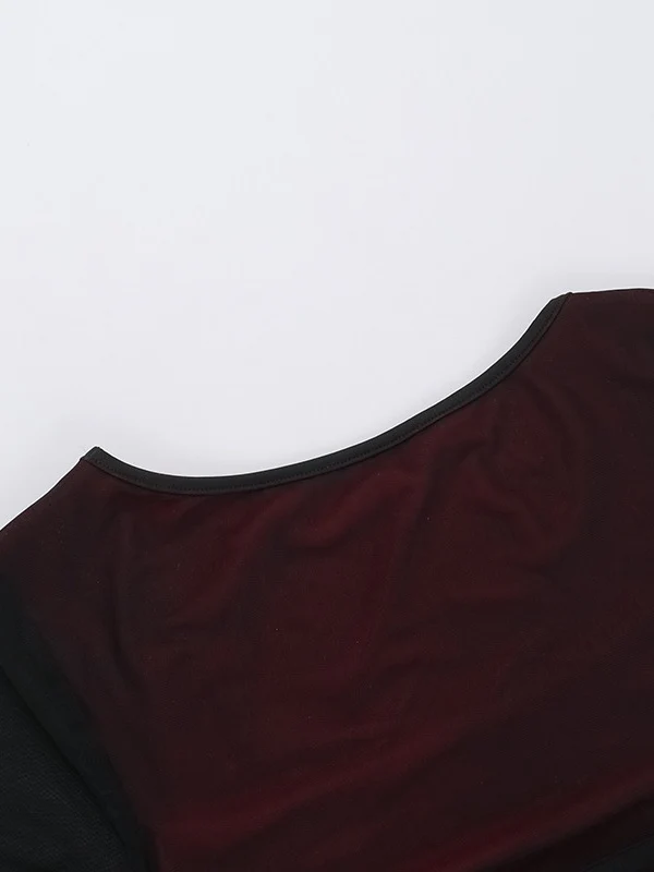 Fitted Mesh Long-Sleeved Bodycon Deep Red Short Dress - Image 5