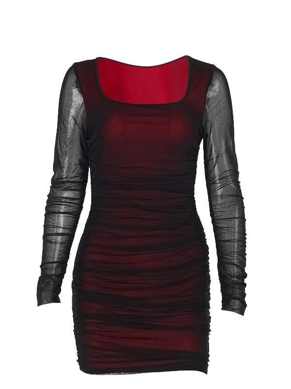Fitted Mesh Long-Sleeved Bodycon Deep Red Short Dress - Image 7