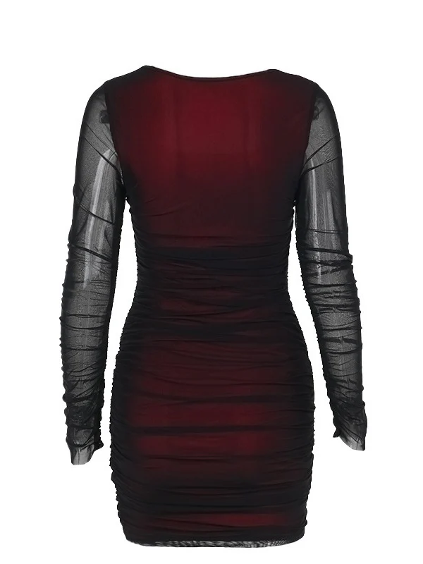 Fitted Mesh Long-Sleeved Bodycon Deep Red Short Dress - Image 8