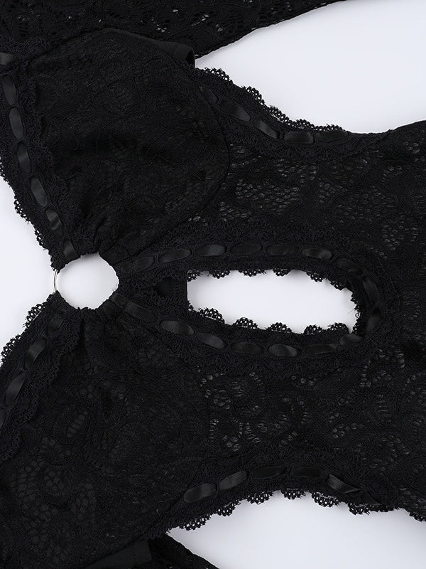 Black Lace Long-sleeved Jumpsuit Shorts - Image 9