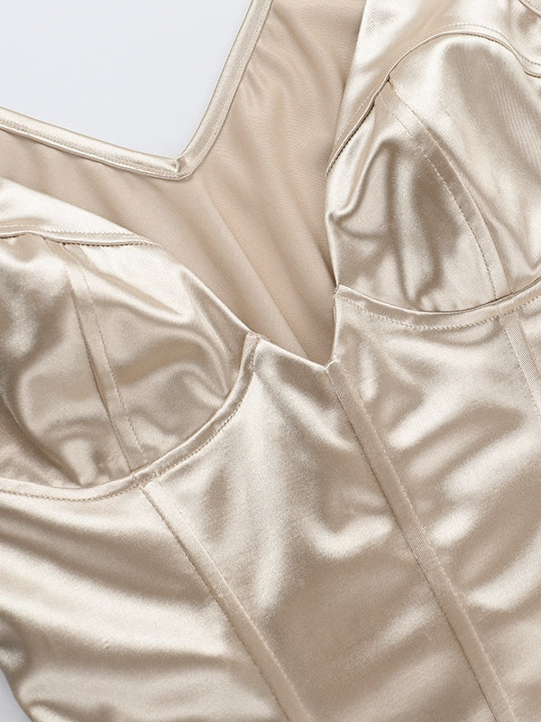 Champagne-colored Satin Belted V-neck Tank Top - Image 8
