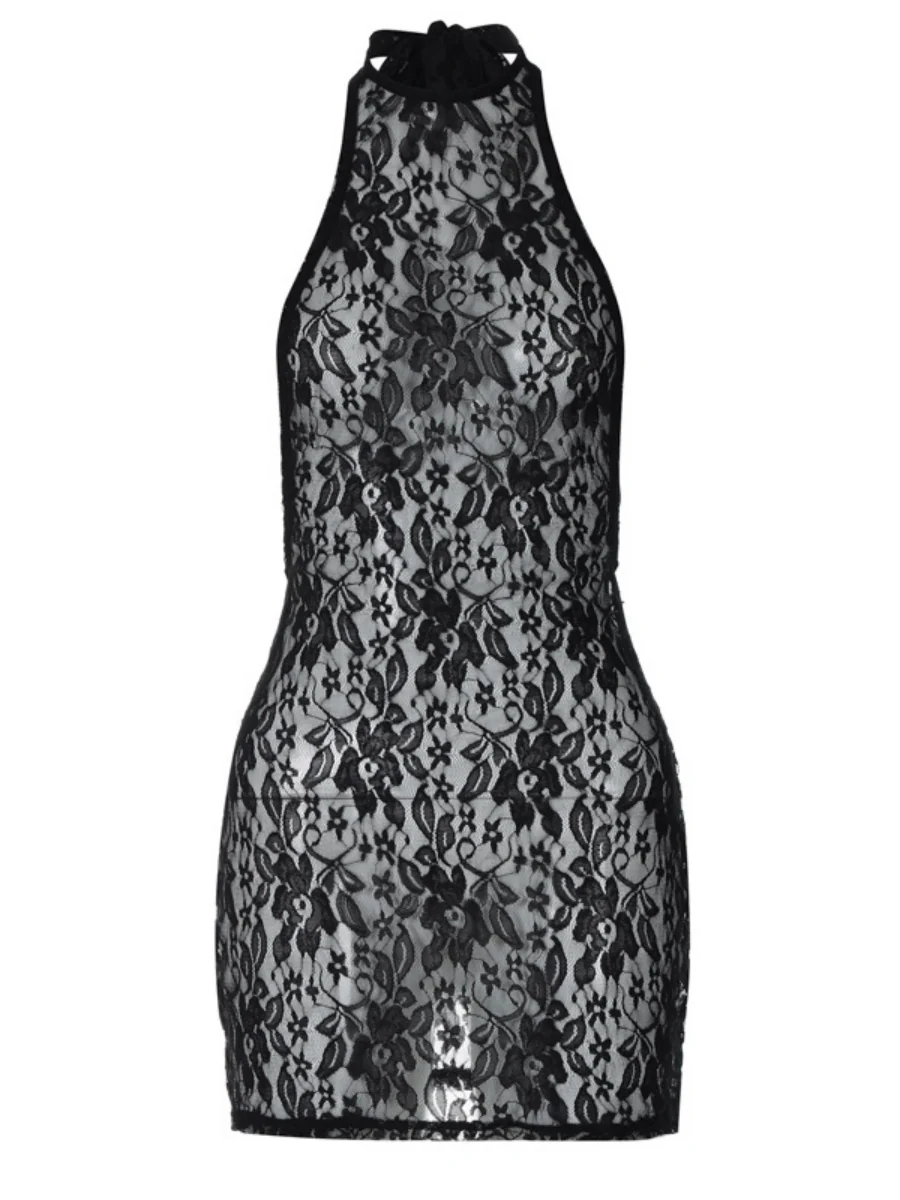 Black Lace Halter-neck Mini Dress With Exposed Hips - Image 5