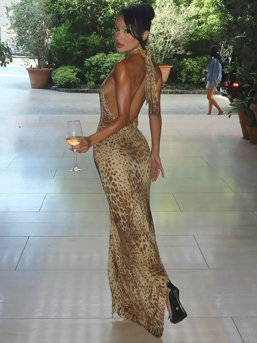 Backless, Fitted, Halter-neck, Irregular Leopard Print Long Dress - Image 2