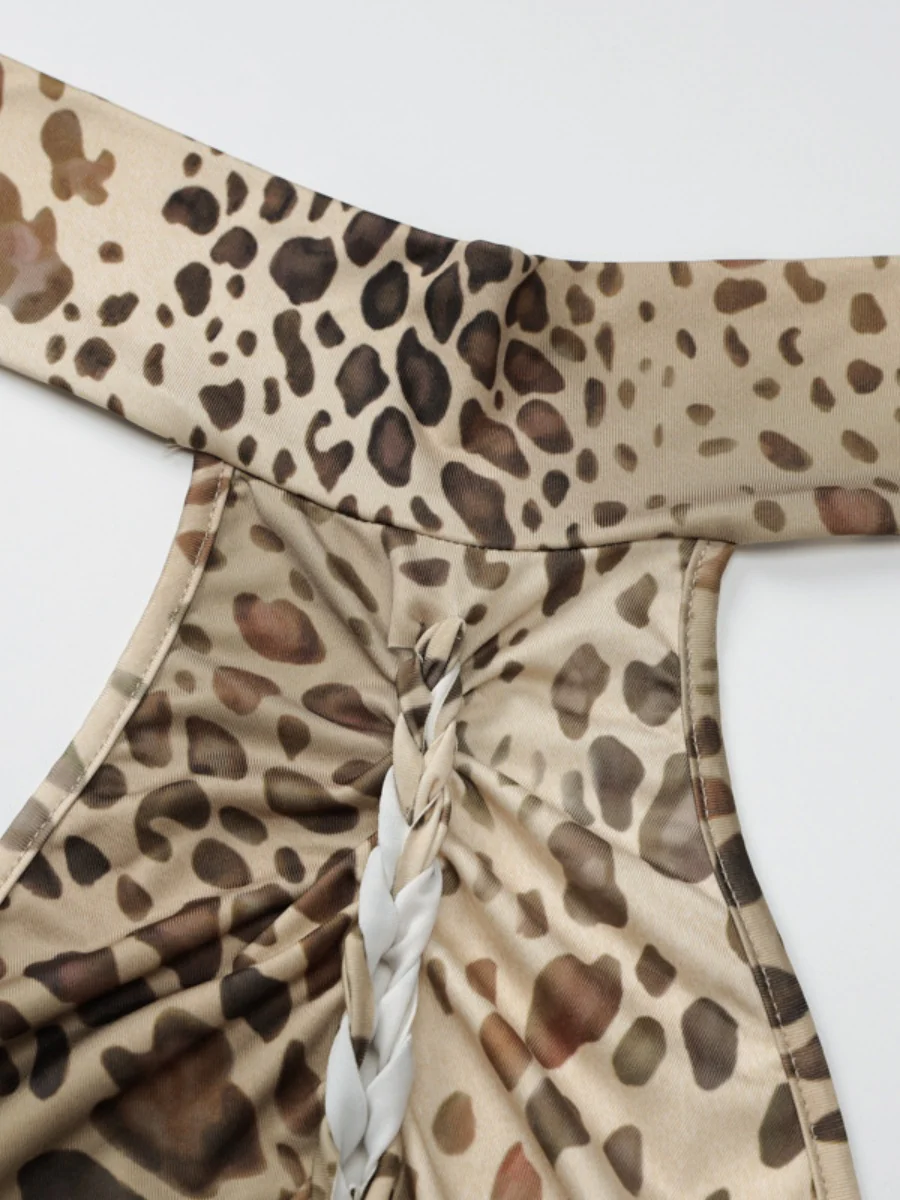 Backless, Fitted, Halter-neck, Irregular Leopard Print Long Dress - Image 6