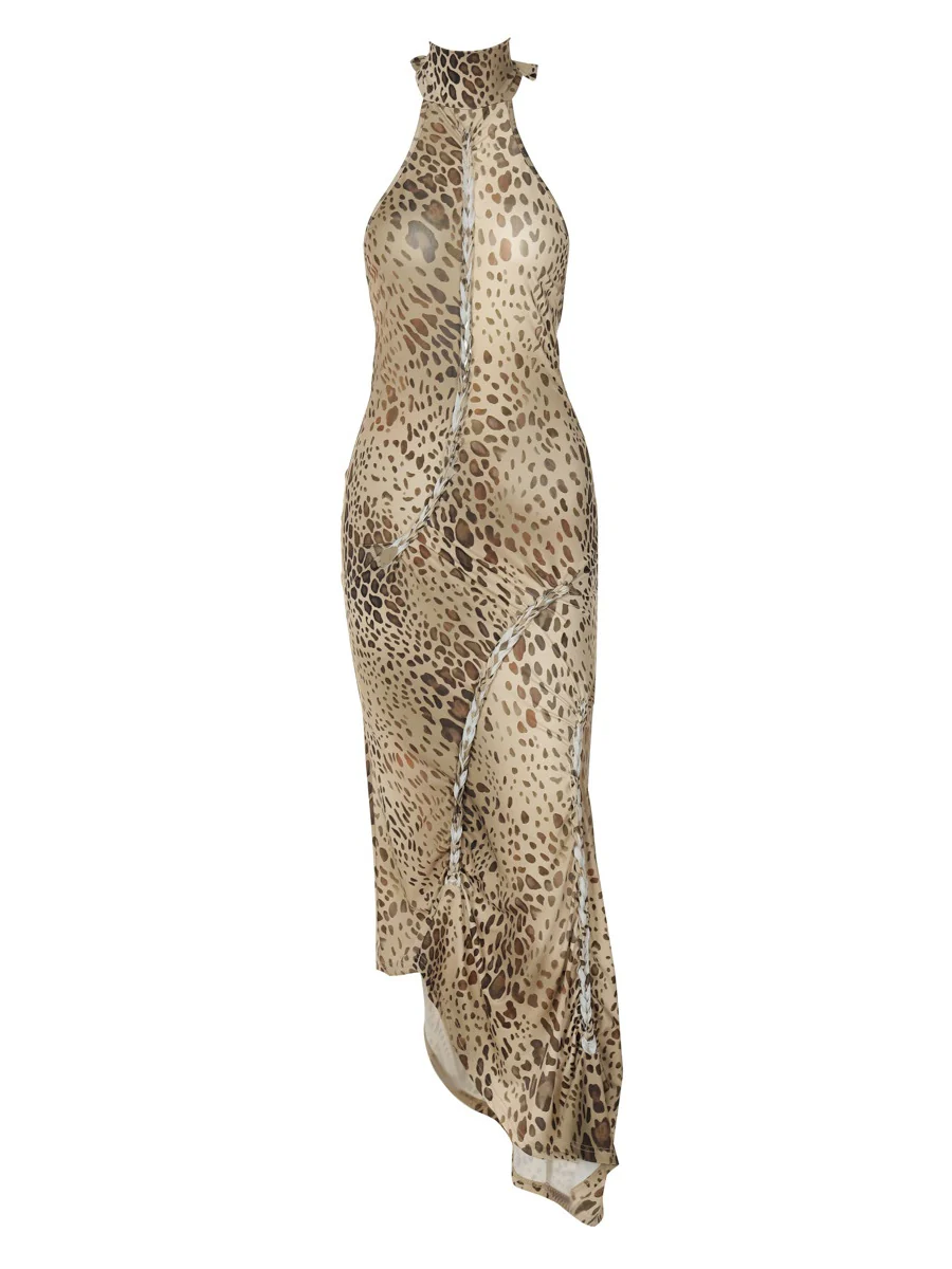 Backless, Fitted, Halter-neck, Irregular Leopard Print Long Dress - Image 8