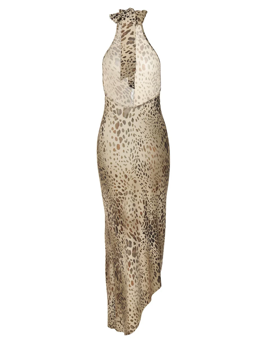 Backless, Fitted, Halter-neck, Irregular Leopard Print Long Dress - Image 9