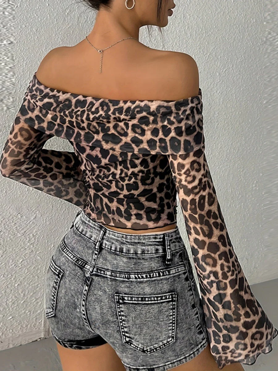 Sexy Off Shoulder Long Sleeve Navel Leopard Print Sexy Top - Image 2