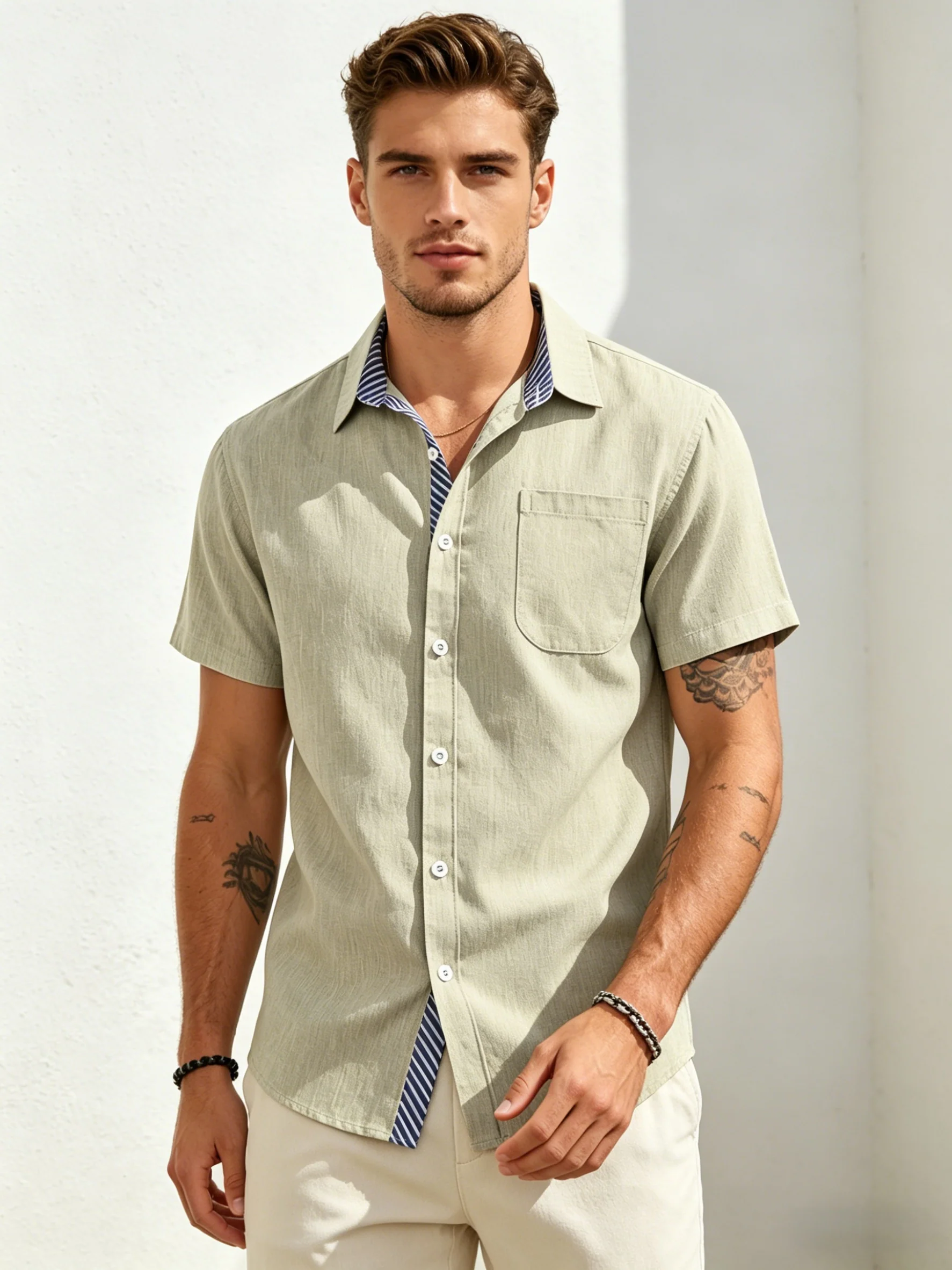 Cotton And Linen Color-blocked Shirts