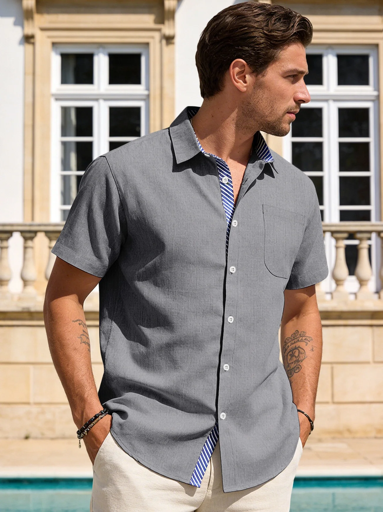 Cotton And Linen Color-blocked Shirts - Image 4