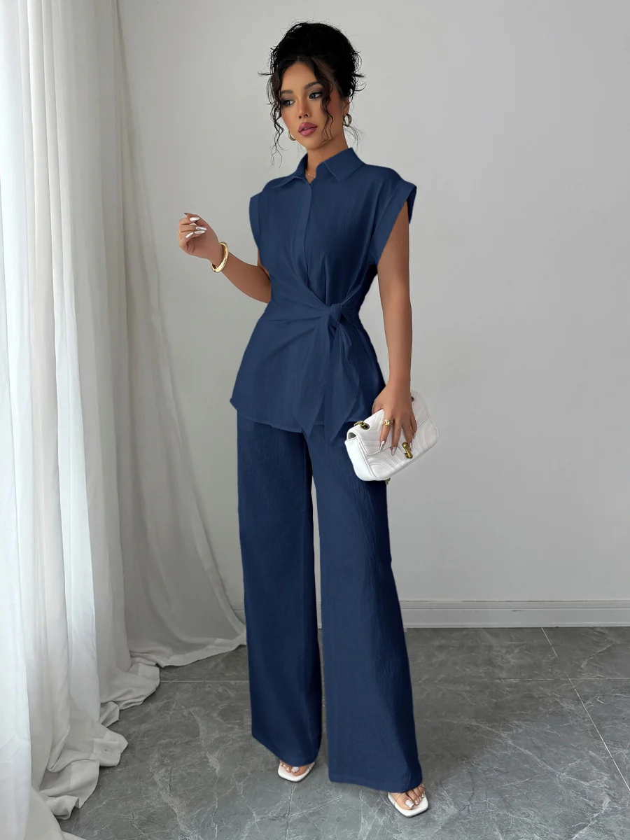 Lapel Sleeveless Kink Shirts Wide-leg Pants Business Suit 2-piece Sets - Image 10