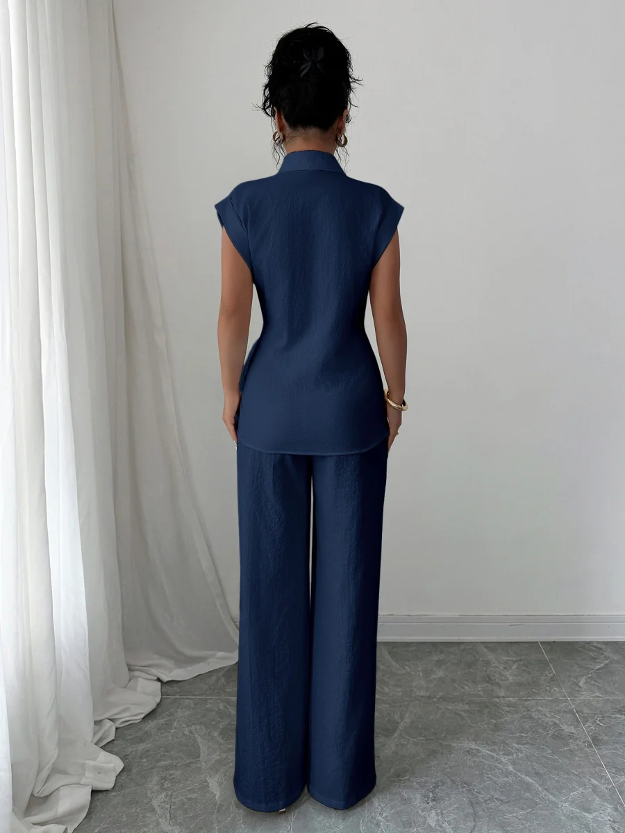 Lapel Sleeveless Kink Shirts Wide-leg Pants Business Suit 2-piece Sets - Image 11