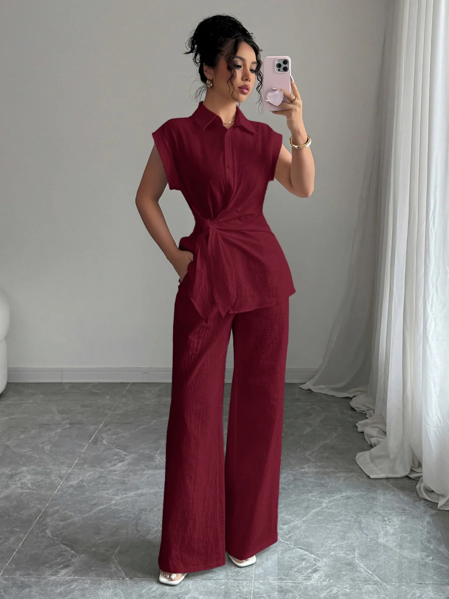Lapel Sleeveless Kink Shirts Wide-leg Pants Business Suit 2-piece Sets - Image 12