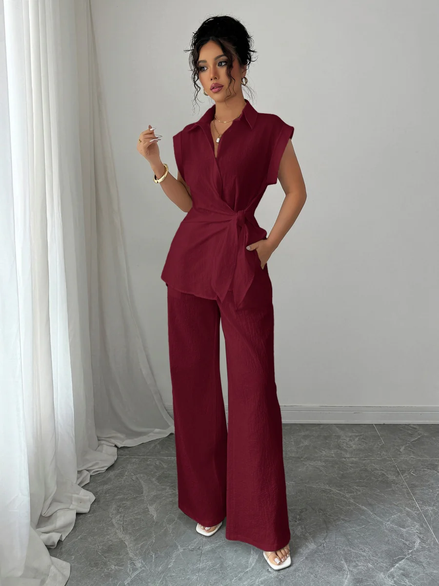 Lapel Sleeveless Kink Shirts Wide-leg Pants Business Suit 2-piece Sets - Image 13