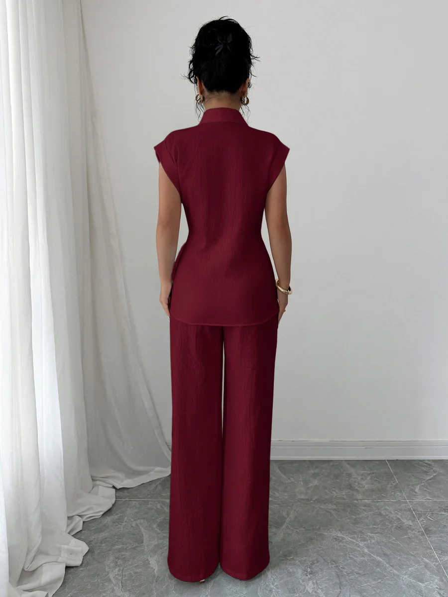 Lapel Sleeveless Kink Shirts Wide-leg Pants Business Suit 2-piece Sets - Image 14