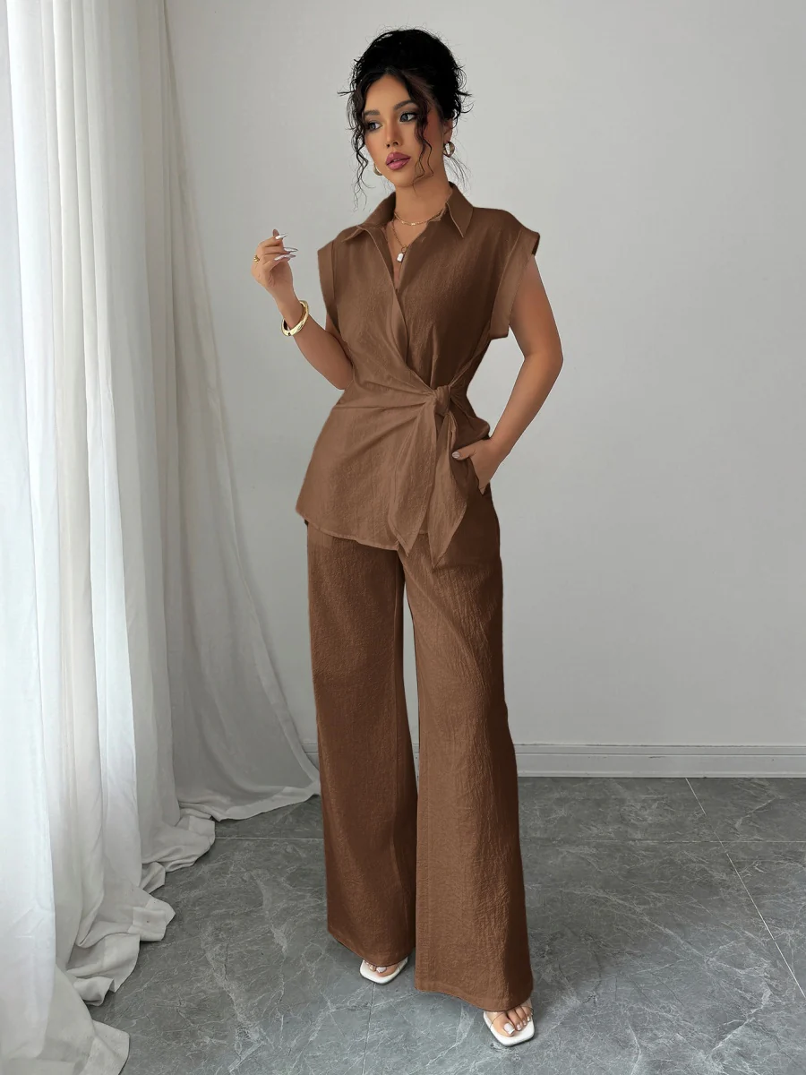 Lapel Sleeveless Kink Shirts Wide-leg Pants Business Suit 2-piece Sets - Image 15