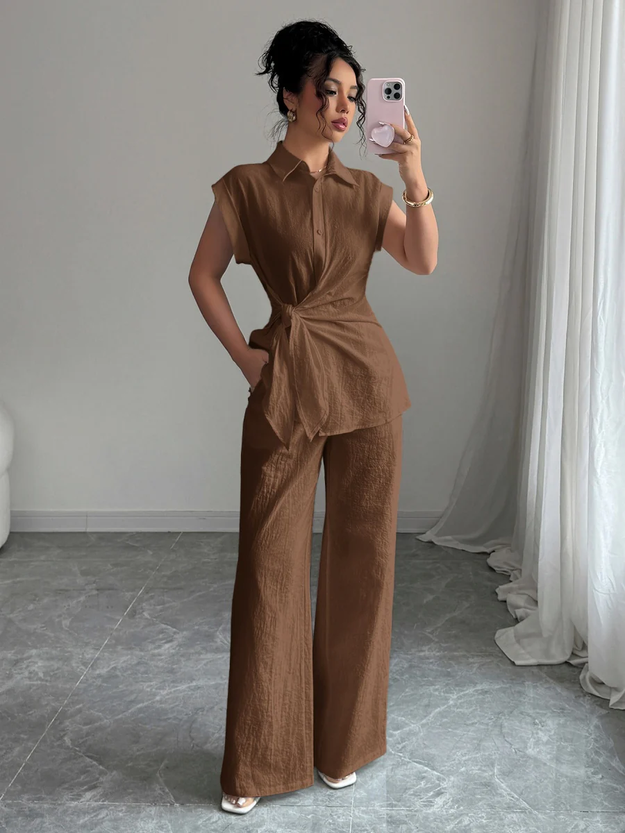 Lapel Sleeveless Kink Shirts Wide-leg Pants Business Suit 2-piece Sets - Image 16
