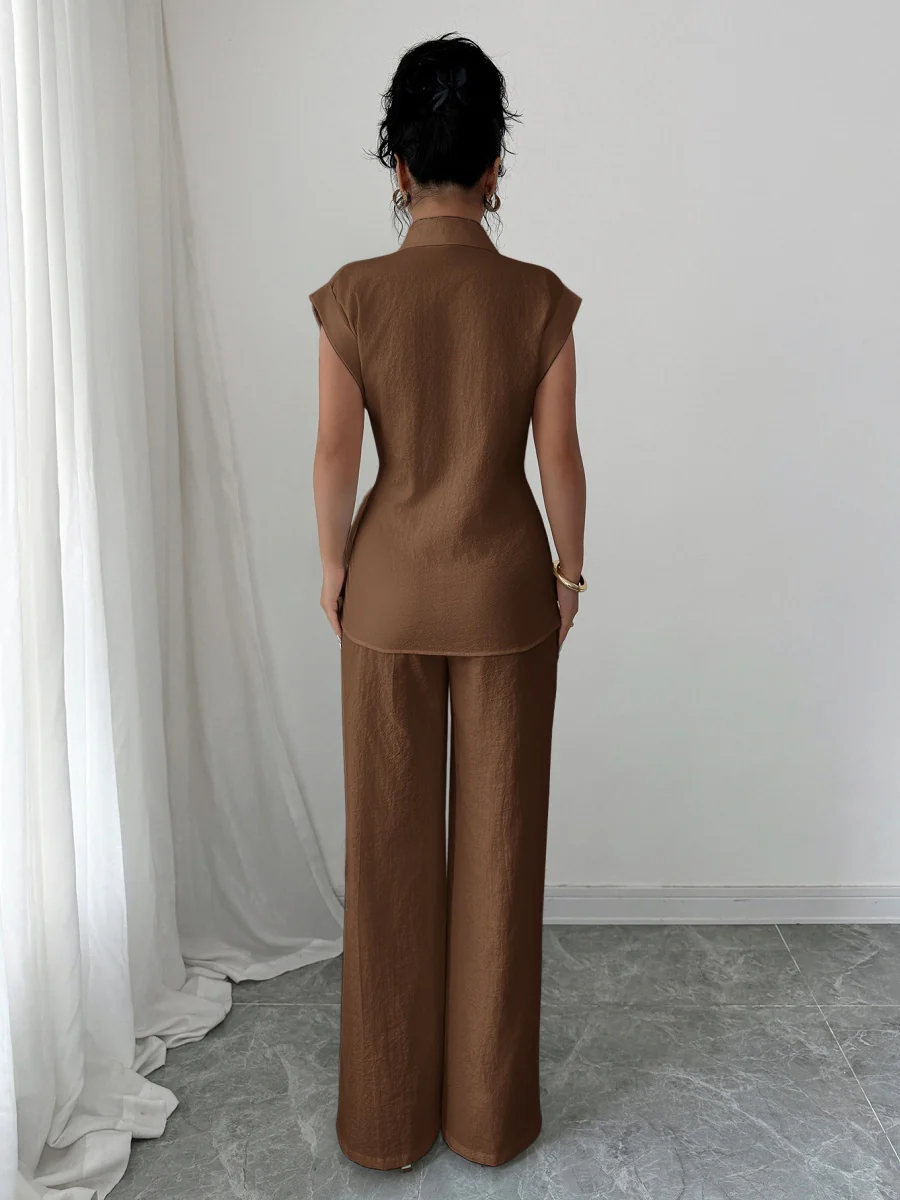 Lapel Sleeveless Kink Shirts Wide-leg Pants Business Suit 2-piece Sets - Image 17