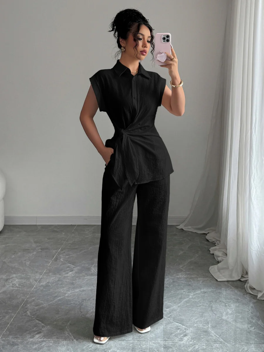 Lapel Sleeveless Kink Shirts Wide-leg Pants Business Suit 2-piece Sets - Image 18