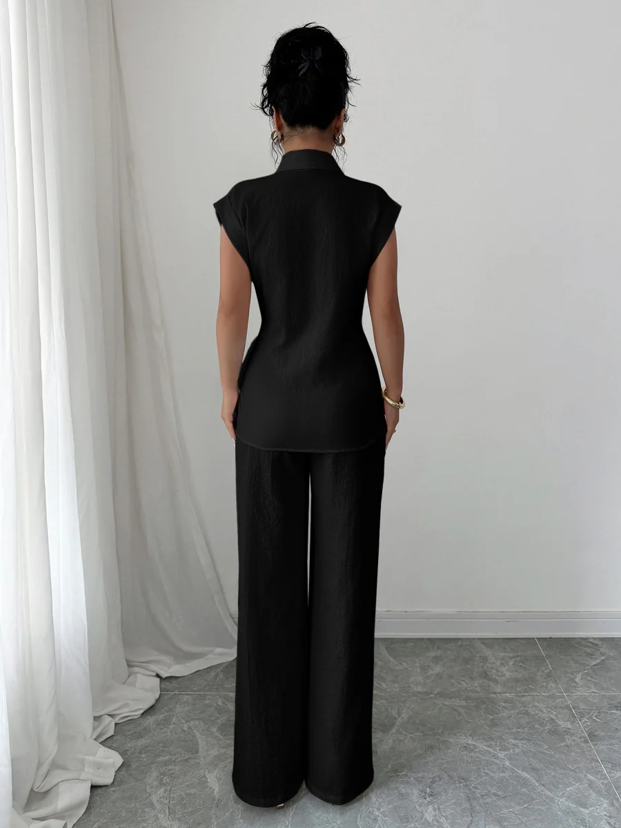 Lapel Sleeveless Kink Shirts Wide-leg Pants Business Suit 2-piece Sets - Image 20