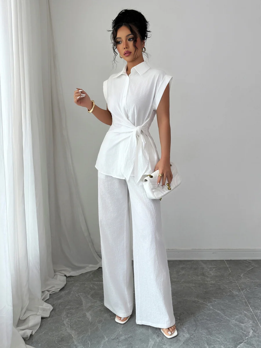 Lapel Sleeveless Kink Shirts Wide-leg Pants Business Suit 2-piece Sets - Image 3