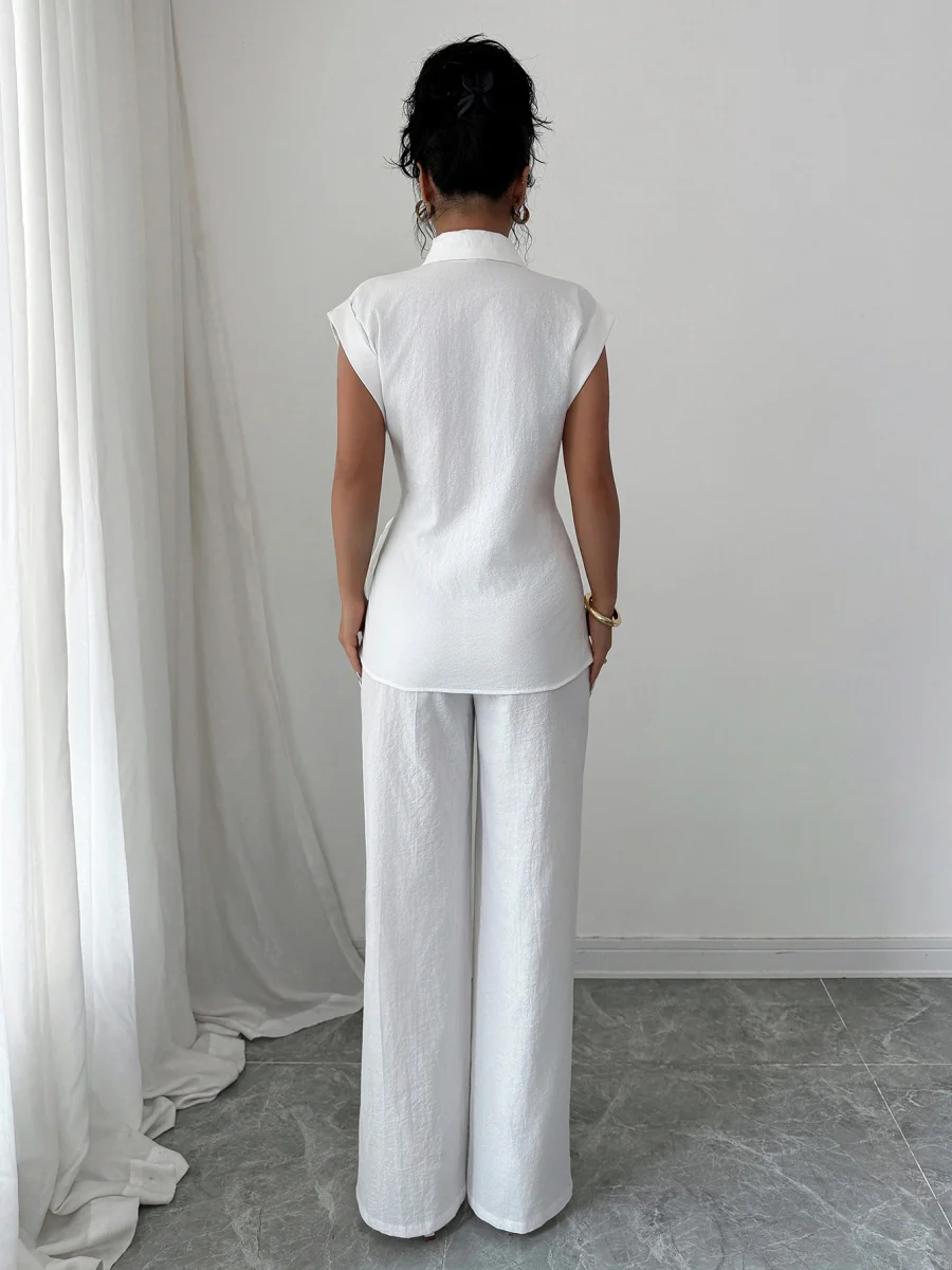 Lapel Sleeveless Kink Shirts Wide-leg Pants Business Suit 2-piece Sets - Image 5