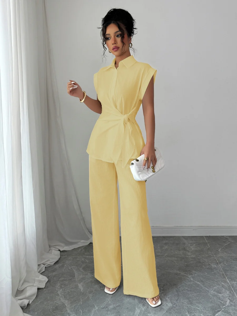 Lapel Sleeveless Kink Shirts Wide-leg Pants Business Suit 2-piece Sets - Image 6