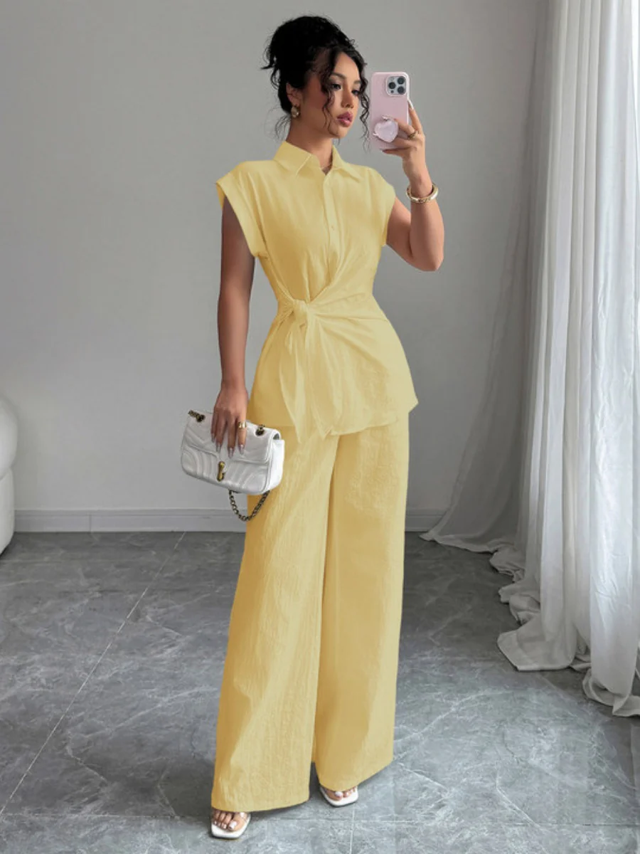Lapel Sleeveless Kink Shirts Wide-leg Pants Business Suit 2-piece Sets - Image 7