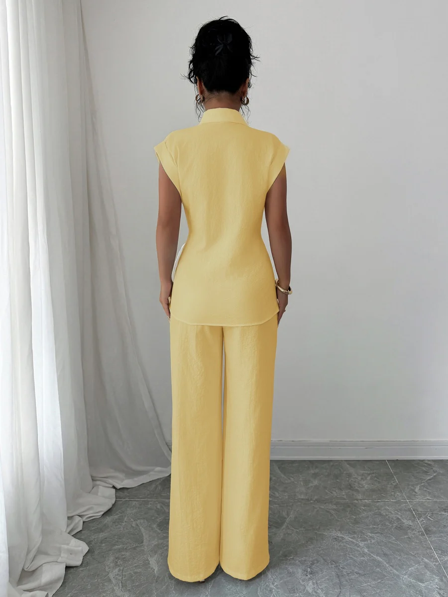 Lapel Sleeveless Kink Shirts Wide-leg Pants Business Suit 2-piece Sets - Image 8