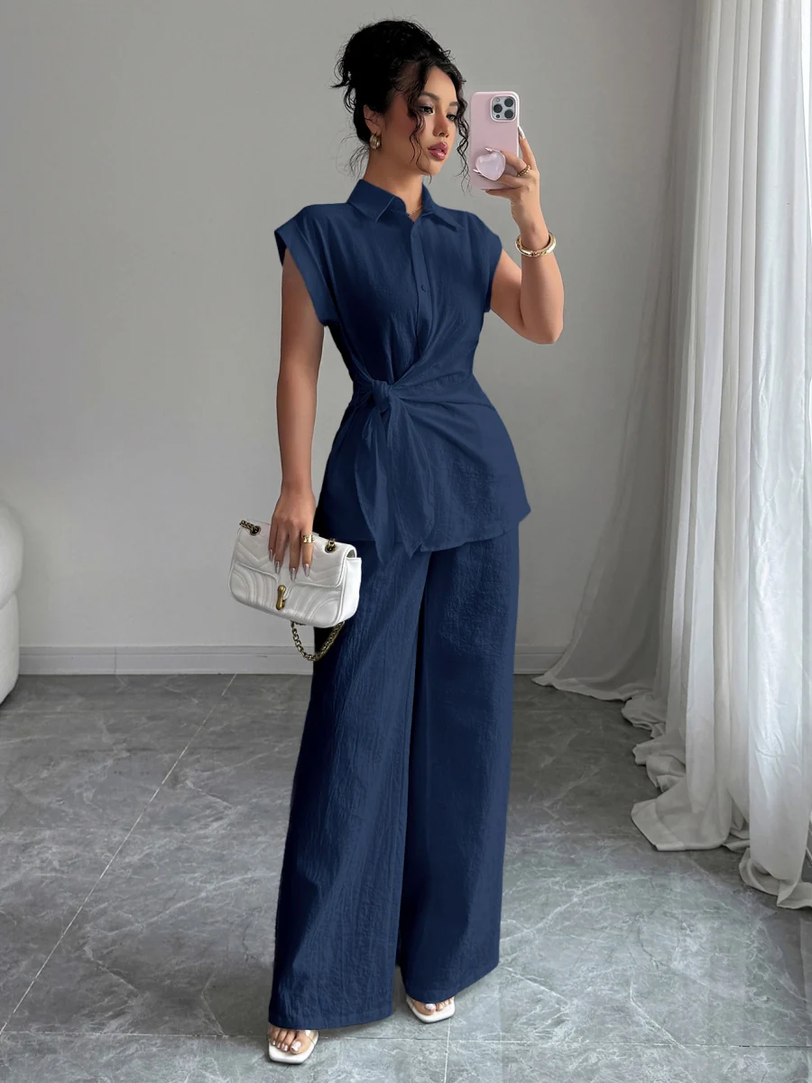 Lapel Sleeveless Kink Shirts Wide-leg Pants Business Suit 2-piece Sets - Image 9