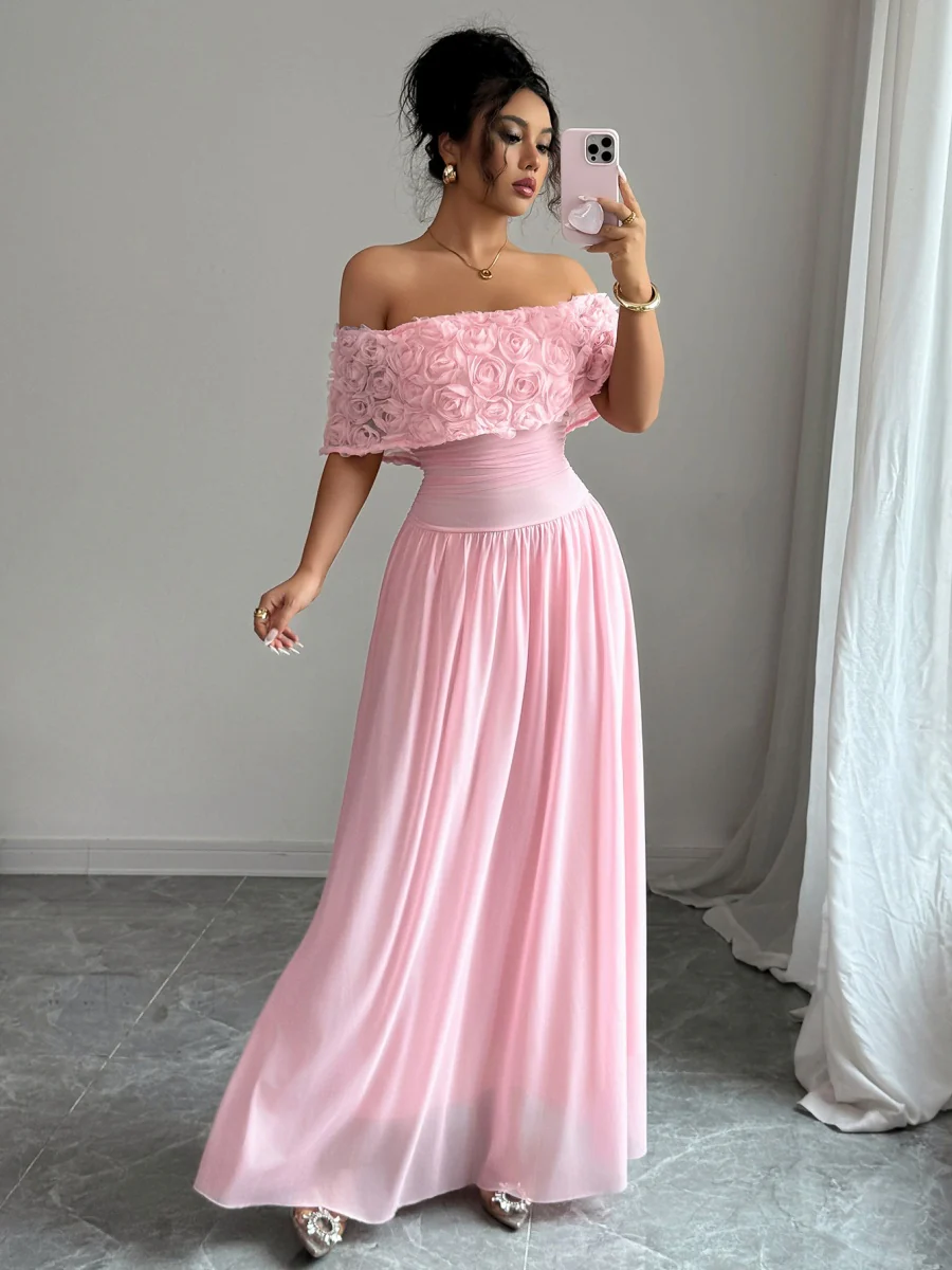 Tube Top Off Shoulder Pink Chiffon Formal Dress Maxi Dresses