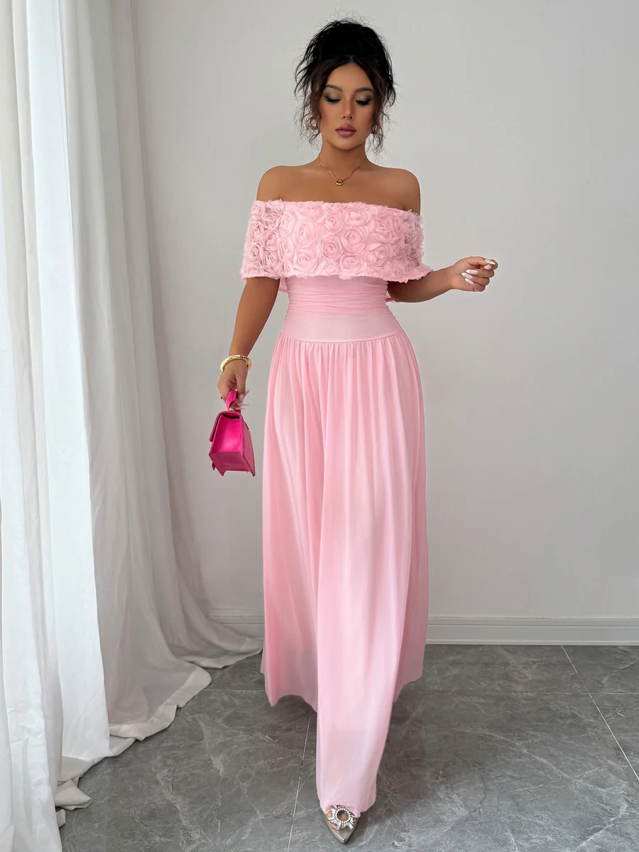 Tube Top Off Shoulder Pink Chiffon Formal Dress Maxi Dresses - Image 2