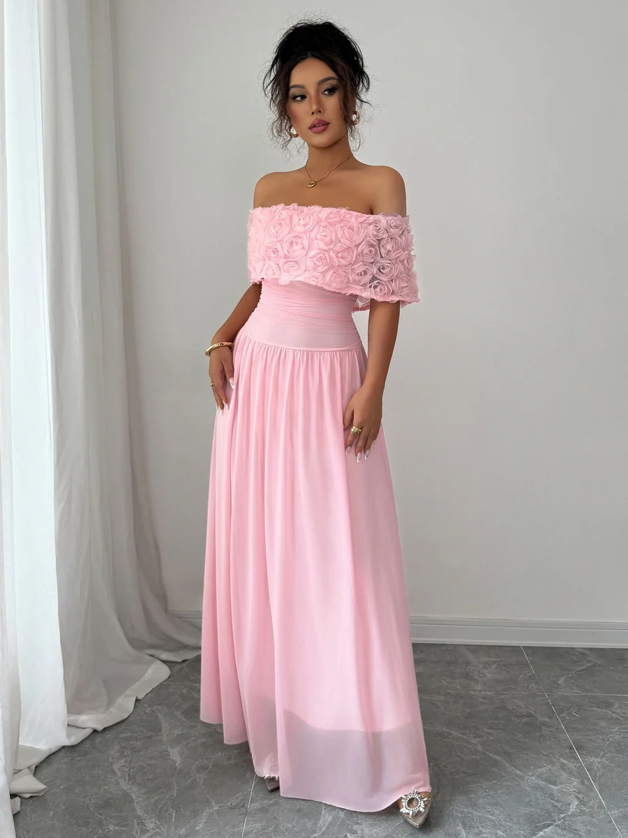 Tube Top Off Shoulder Pink Chiffon Formal Dress Maxi Dresses - Image 3