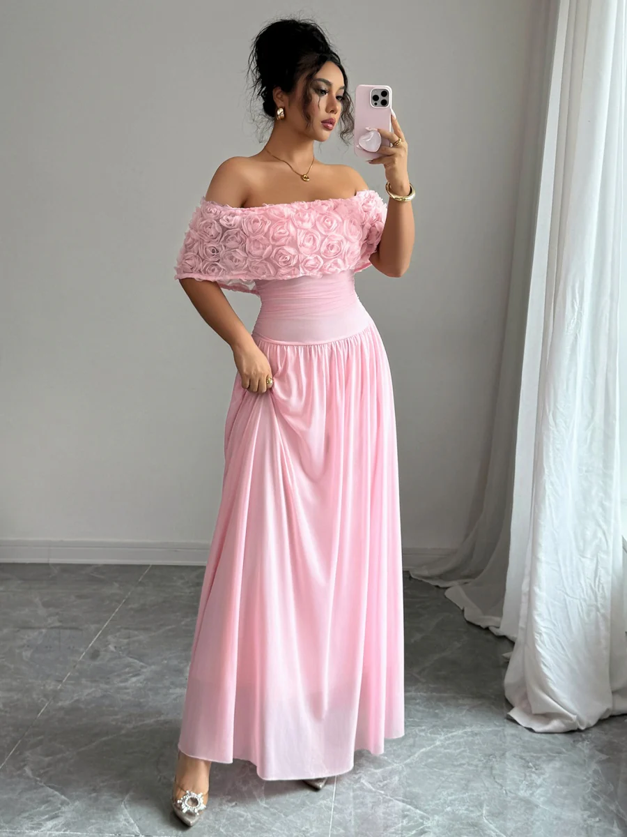 Tube Top Off Shoulder Pink Chiffon Formal Dress Maxi Dresses - Image 4