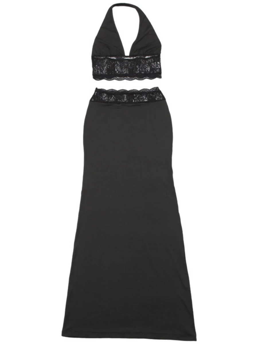 Neckband Navel Tank Tops Lace Bodycon Dress 2-piece Sets - Image 6