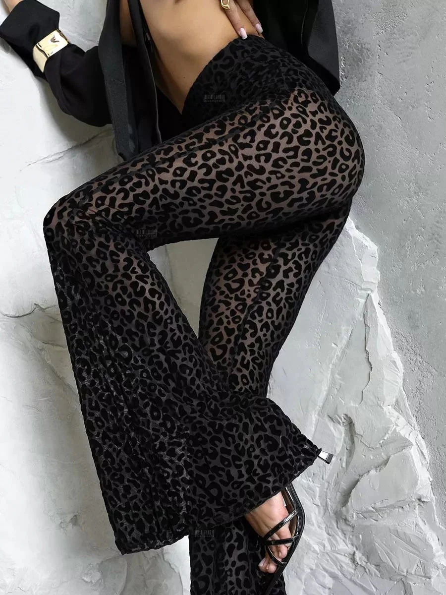 Mesh Flocking Perspective Leopard Print Pants