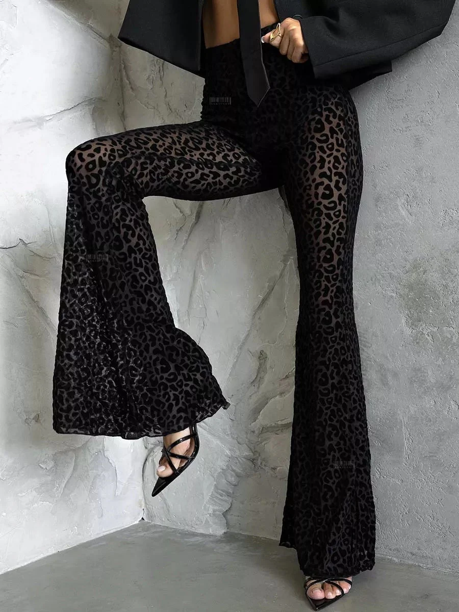 Mesh Flocking Perspective Leopard Print Pants - Image 4