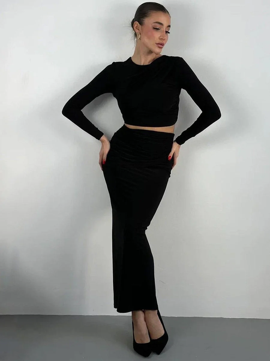 Liber Autumn Women's Navel Solid Color 2-piece Sets - Image 5