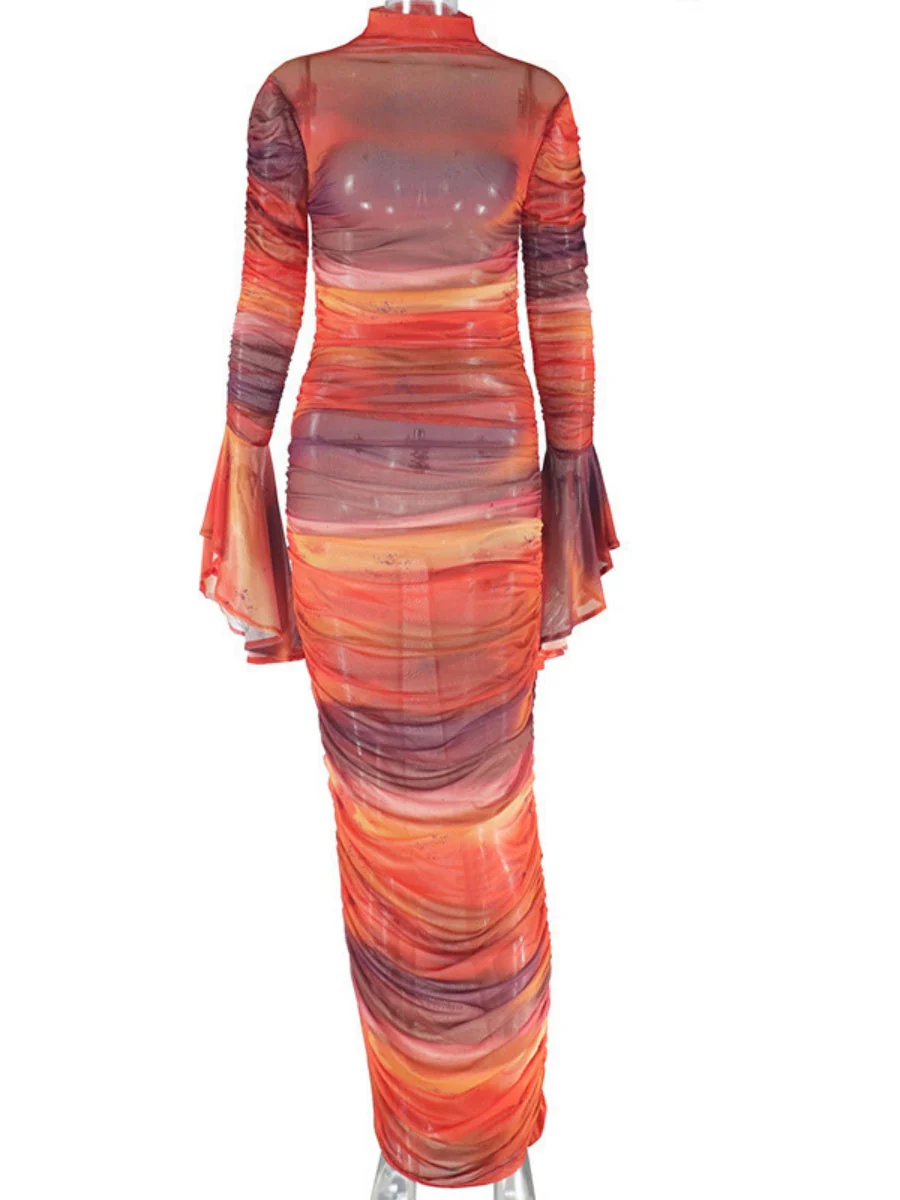 Print Flared Long Sleeves Crew Neck Hip-hugging Maxi Dresses - Image 6