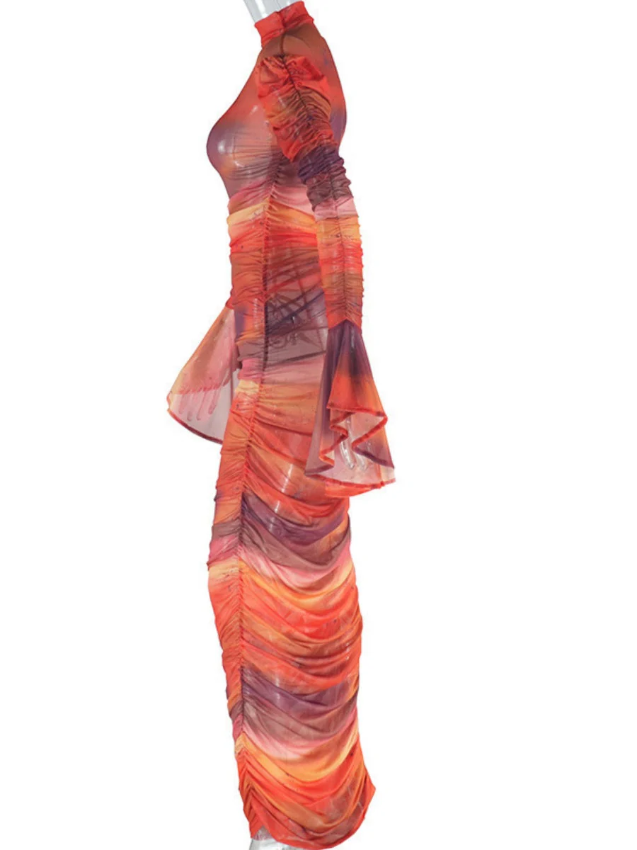 Print Flared Long Sleeves Crew Neck Hip-hugging Maxi Dresses - Image 7