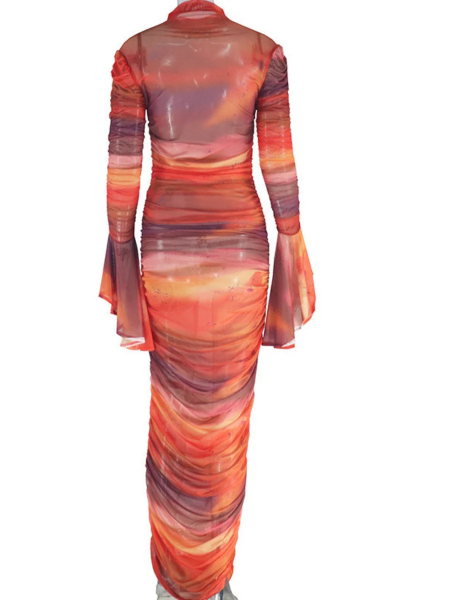 Print Flared Long Sleeves Crew Neck Hip-hugging Maxi Dresses - Image 8