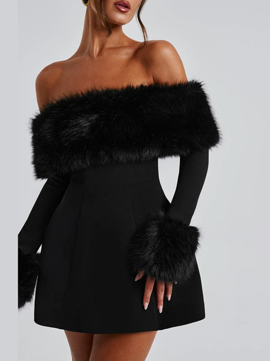 Off-Shoulder Bodycon Mini Dress with Faux Fur Trim - Image 3