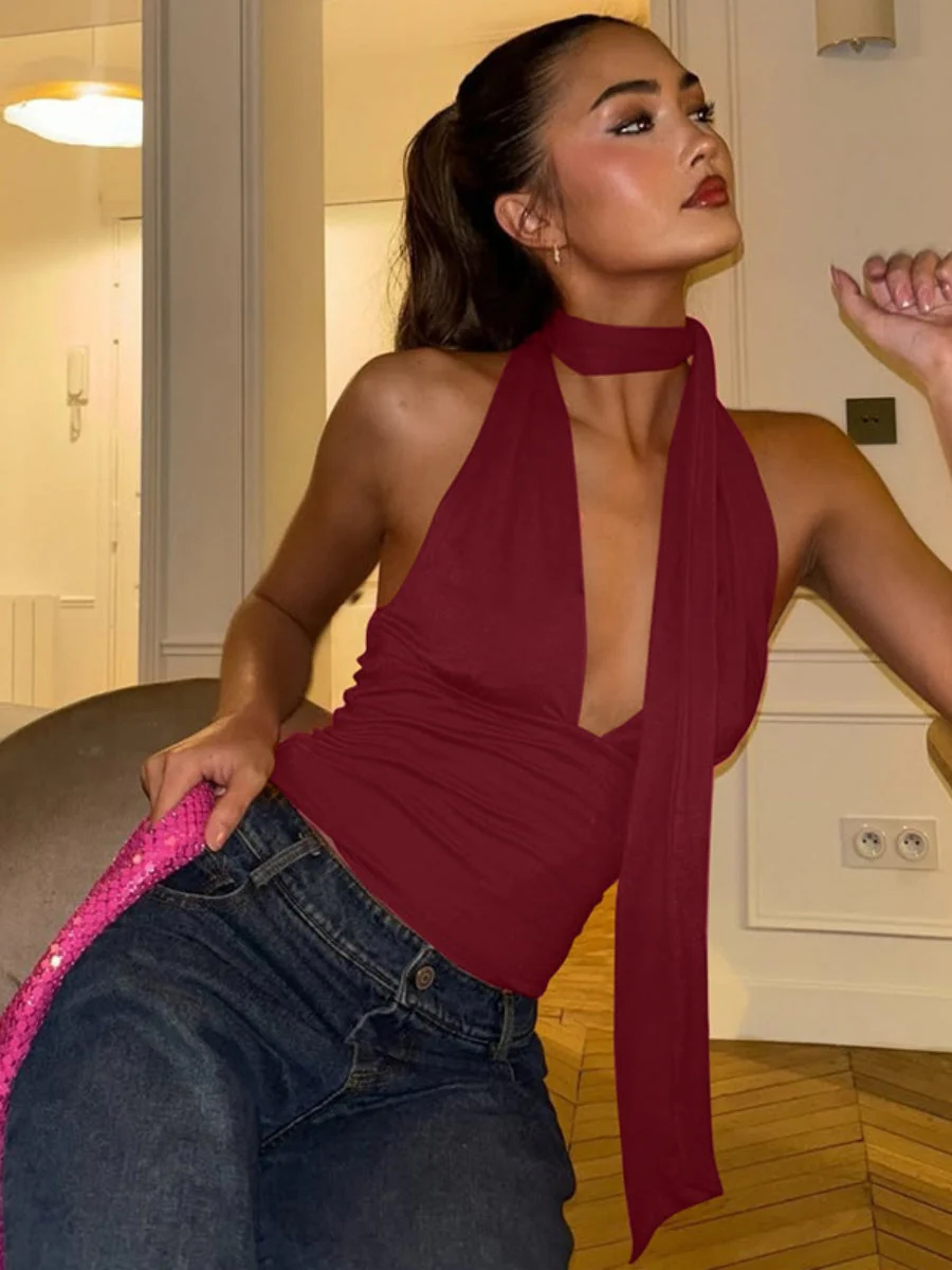 Deep V Backless Halter Jacket Tank Tops - Image 17
