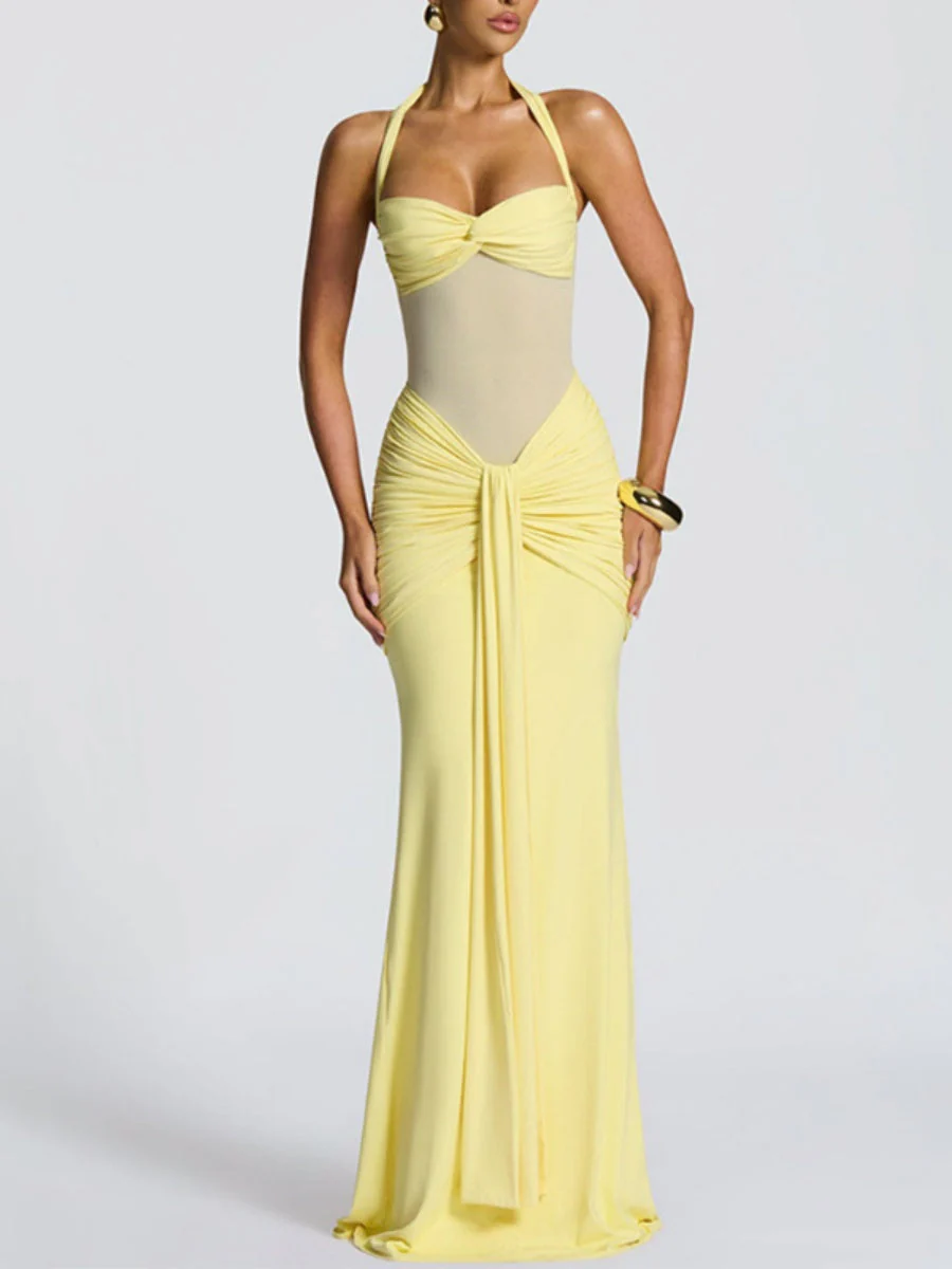 Neckband Lace Up Mesh Formal Dress Maxi Dresses
