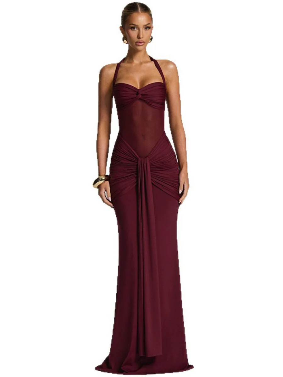 Neckband Lace Up Mesh Formal Dress Maxi Dresses - Image 5