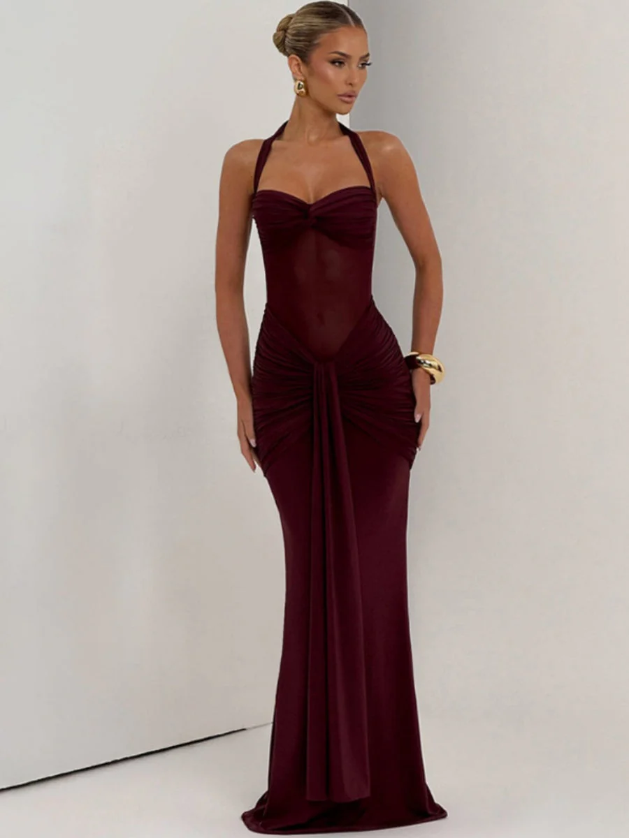 Neckband Lace Up Mesh Formal Dress Maxi Dresses - Image 8