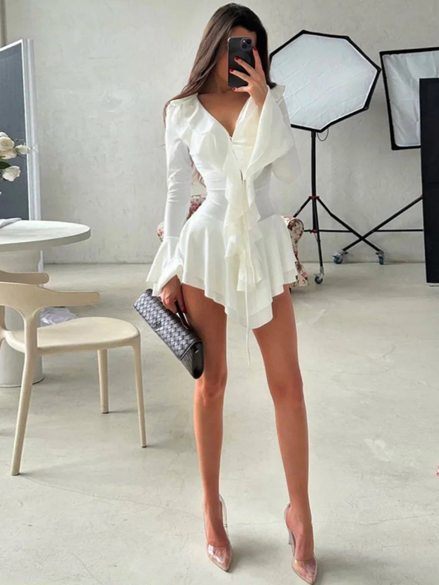 Ruffle Hip-hugging Flared Sleeves Mini&Short Dresses - Image 7
