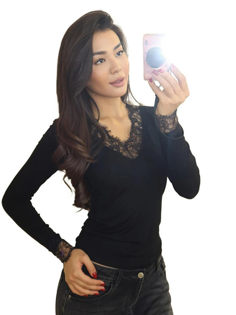 V-neck Lace Trim Waist T-shirts - Image 11
